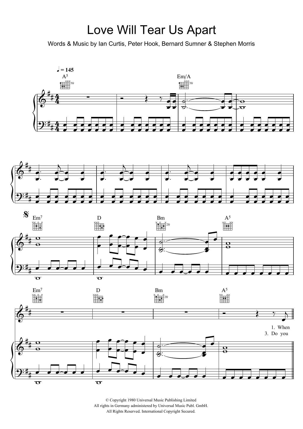 Joy Division Love Will Tear Us Apart Sheet Music Notes & Chords for Piano, Vocal & Guitar - Download or Print PDF
