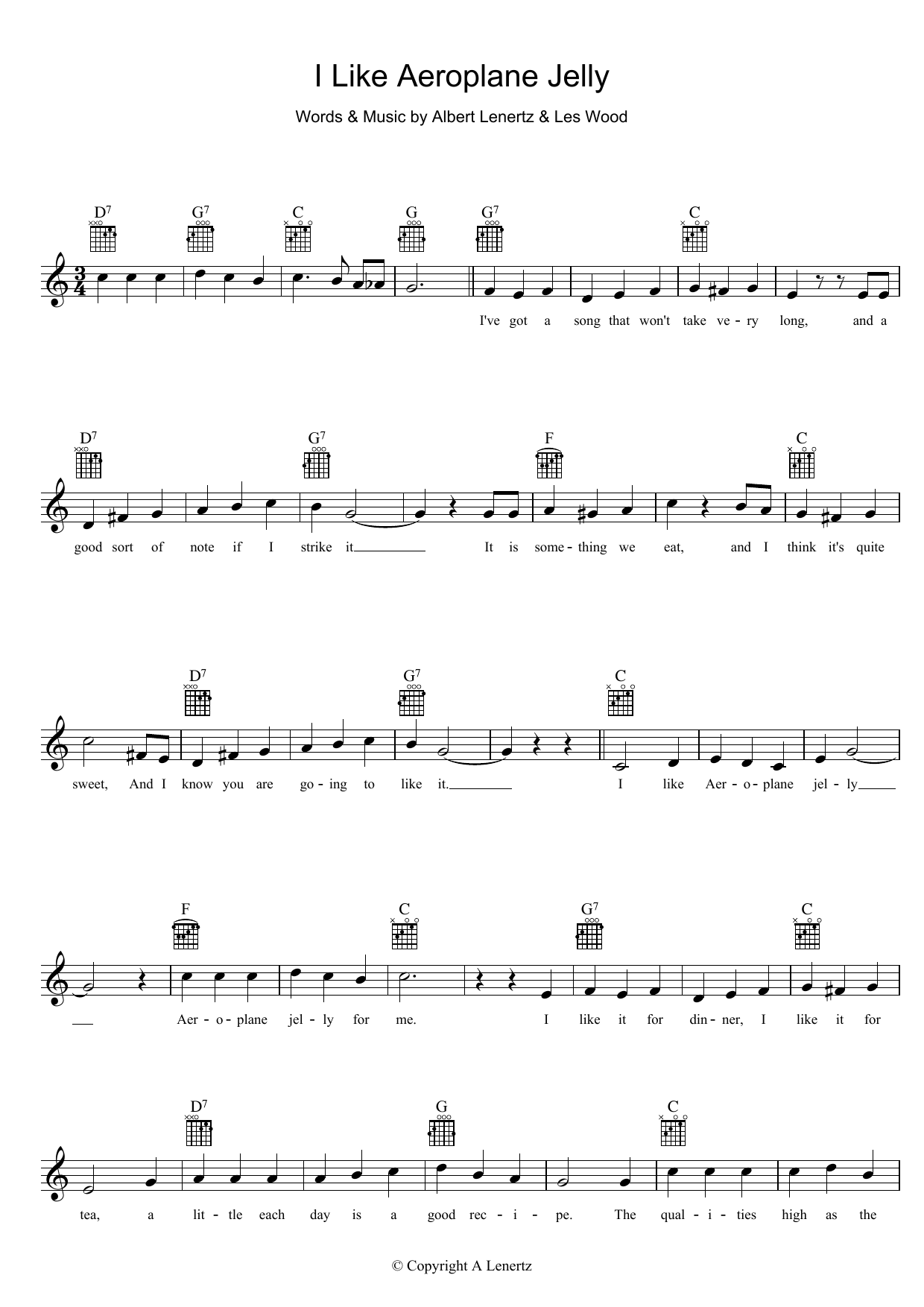 Joy King I Like Aeroplane Jelly Sheet Music Notes & Chords for Melody Line, Lyrics & Chords - Download or Print PDF