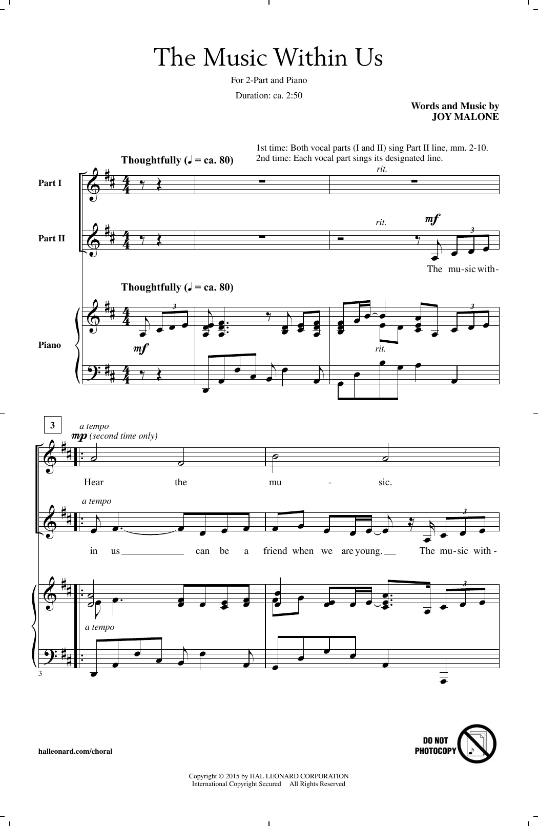 Joy Malone The Music Within Us Sheet Music Notes & Chords for 2-Part Choir - Download or Print PDF