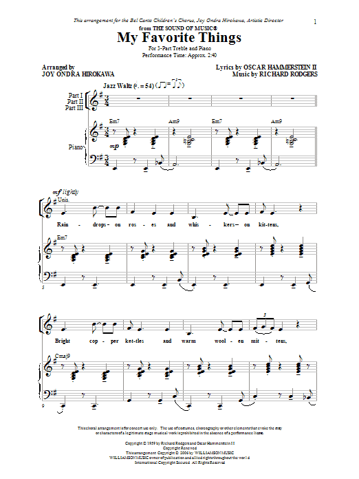 Rodgers & Hammerstein My Favorite Things (arr. Joy Ondra Hirokawa) Sheet Music Notes & Chords for 3-Part Treble - Download or Print PDF