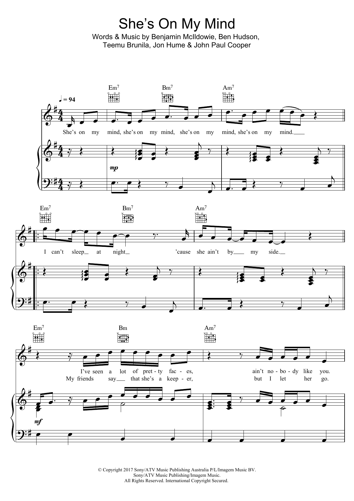 JP Cooper She's On My Mind Sheet Music Notes & Chords for Piano, Vocal & Guitar (Right-Hand Melody) - Download or Print PDF