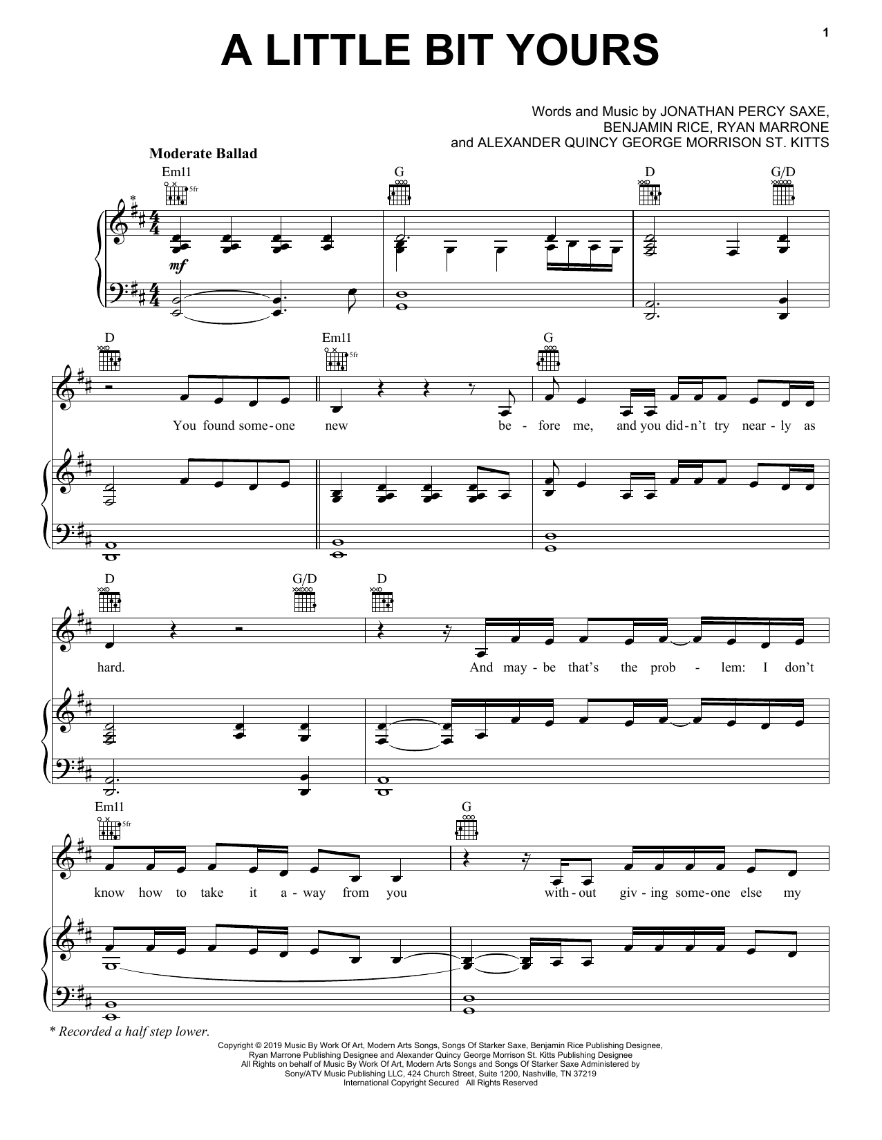 JP Saxe A Little Bit Yours Sheet Music Notes & Chords for Piano, Vocal & Guitar (Right-Hand Melody) - Download or Print PDF