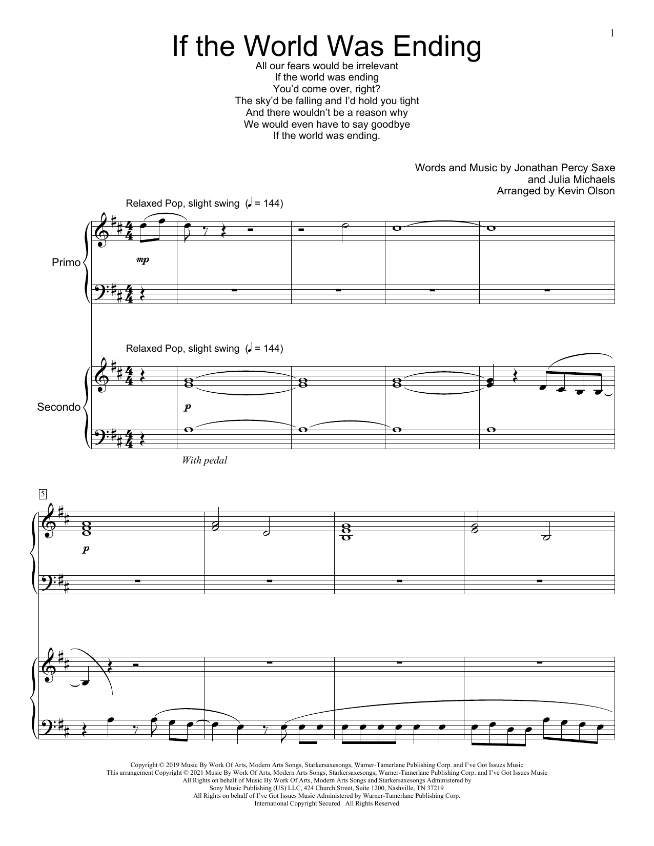 JP Saxe If The World Was Ending (feat. Julia Michaels) (arr. Kevin Olson) Sheet Music Notes & Chords for Piano Duet - Download or Print PDF