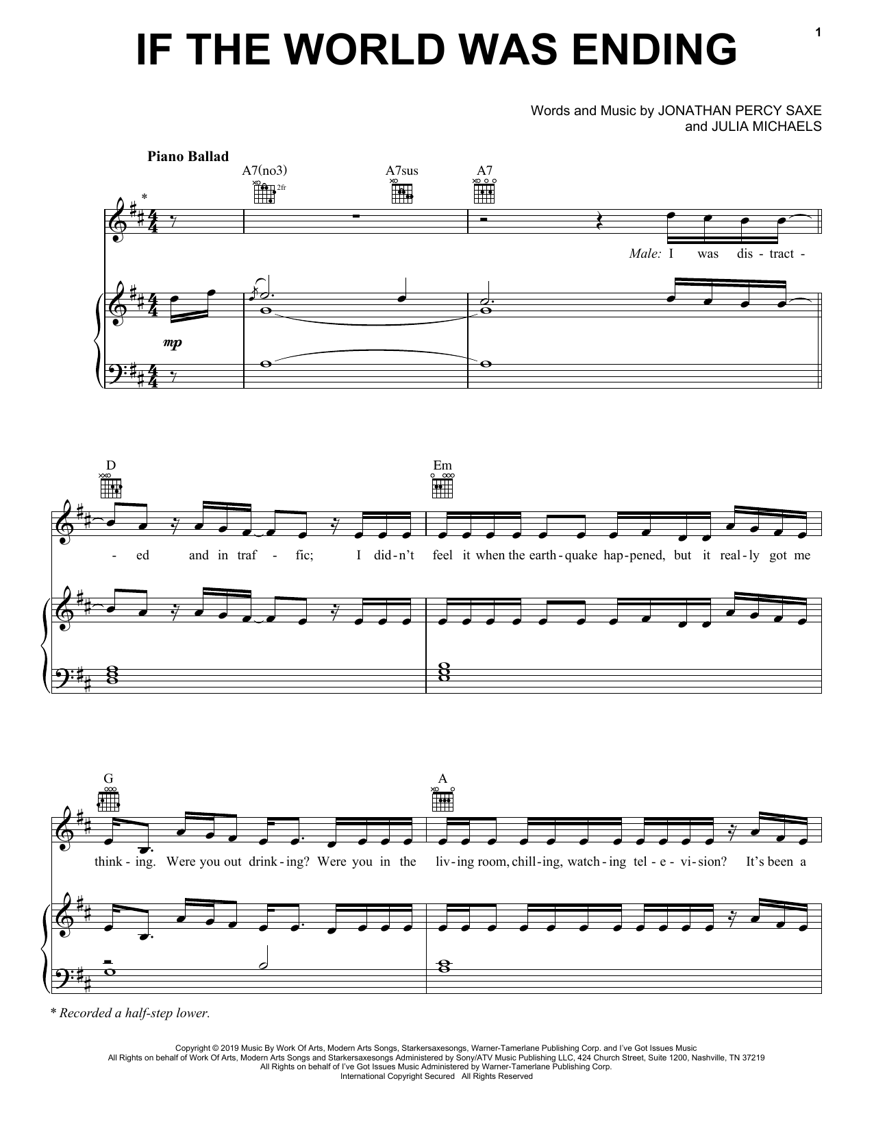 JP Saxe If The World Was Ending (feat. Julia Michaels) Sheet Music Notes & Chords for Piano, Vocal & Guitar (Right-Hand Melody) - Download or Print PDF