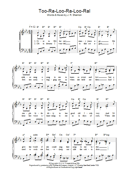 J.R. Shannon Too Ra Loo Ra Loo Ral Sheet Music Notes & Chords for Piano, Vocal & Guitar (Right-Hand Melody) - Download or Print PDF