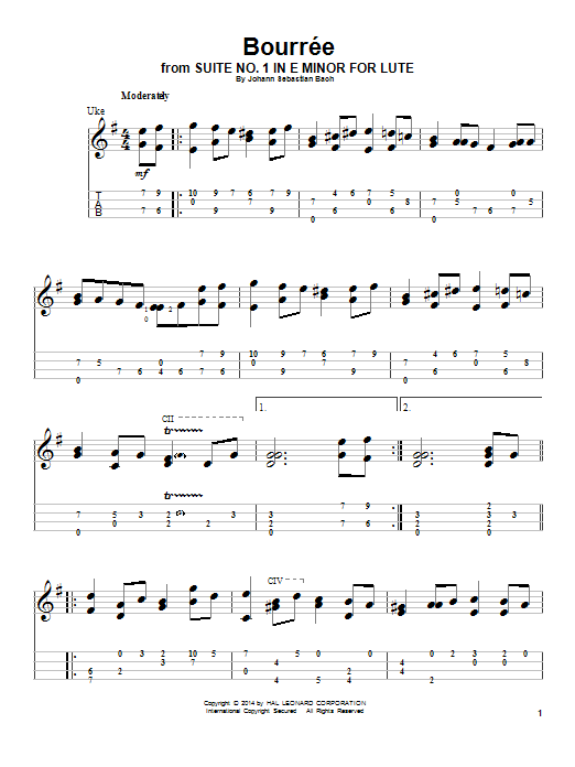 J.S. Bach Bourree Sheet Music Notes & Chords for Ukulele - Download or Print PDF