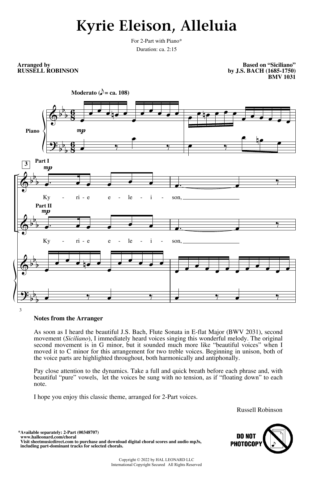 J.S. Bach Kyrie Eleison, Alleluia (arr. Russell Robinson) Sheet Music Notes & Chords for 2-Part Choir - Download or Print PDF