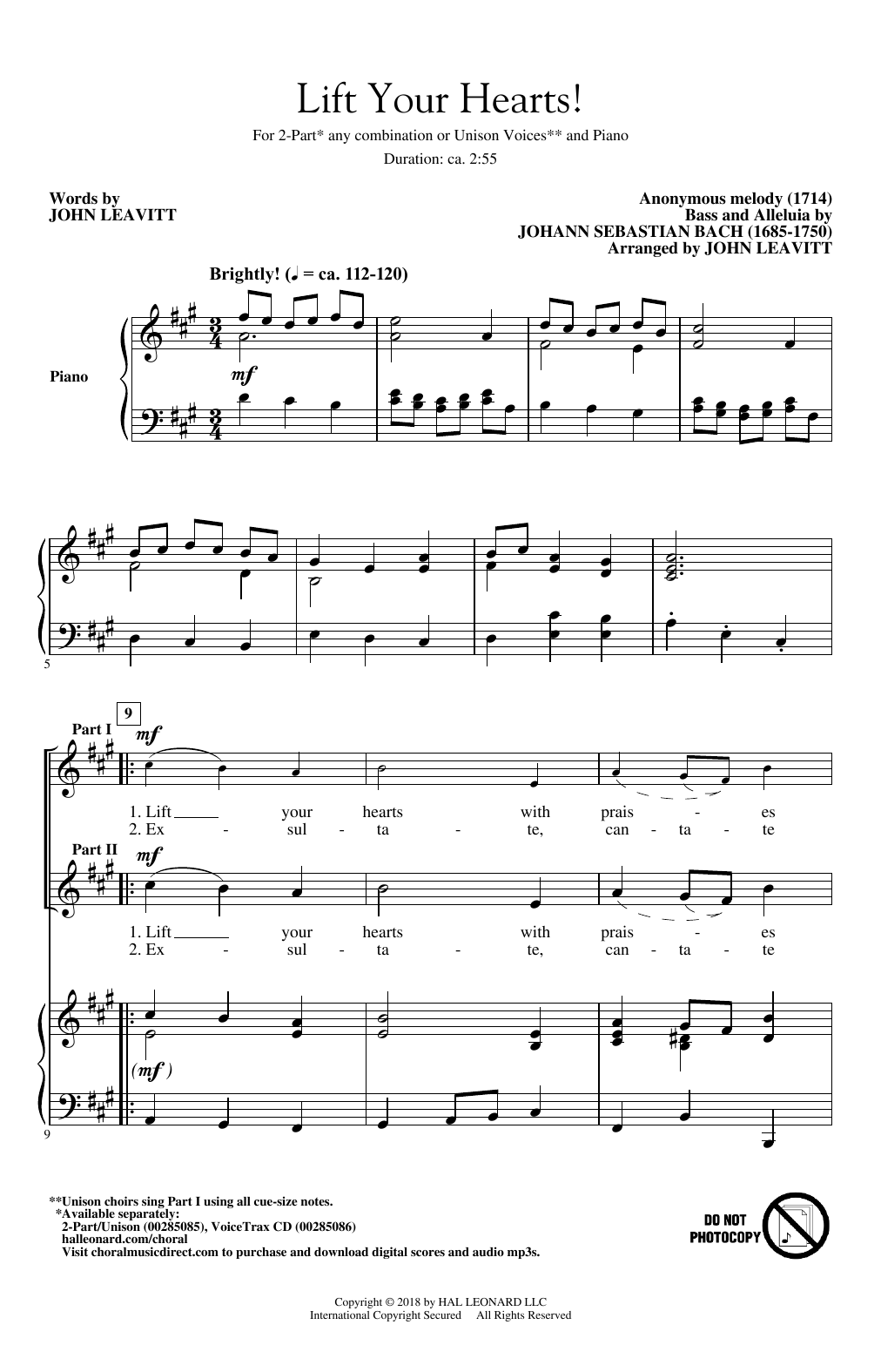 J.S. Bach Lift Your Hearts! (arr. John Leavitt) Sheet Music Notes & Chords for 2-Part Choir - Download or Print PDF