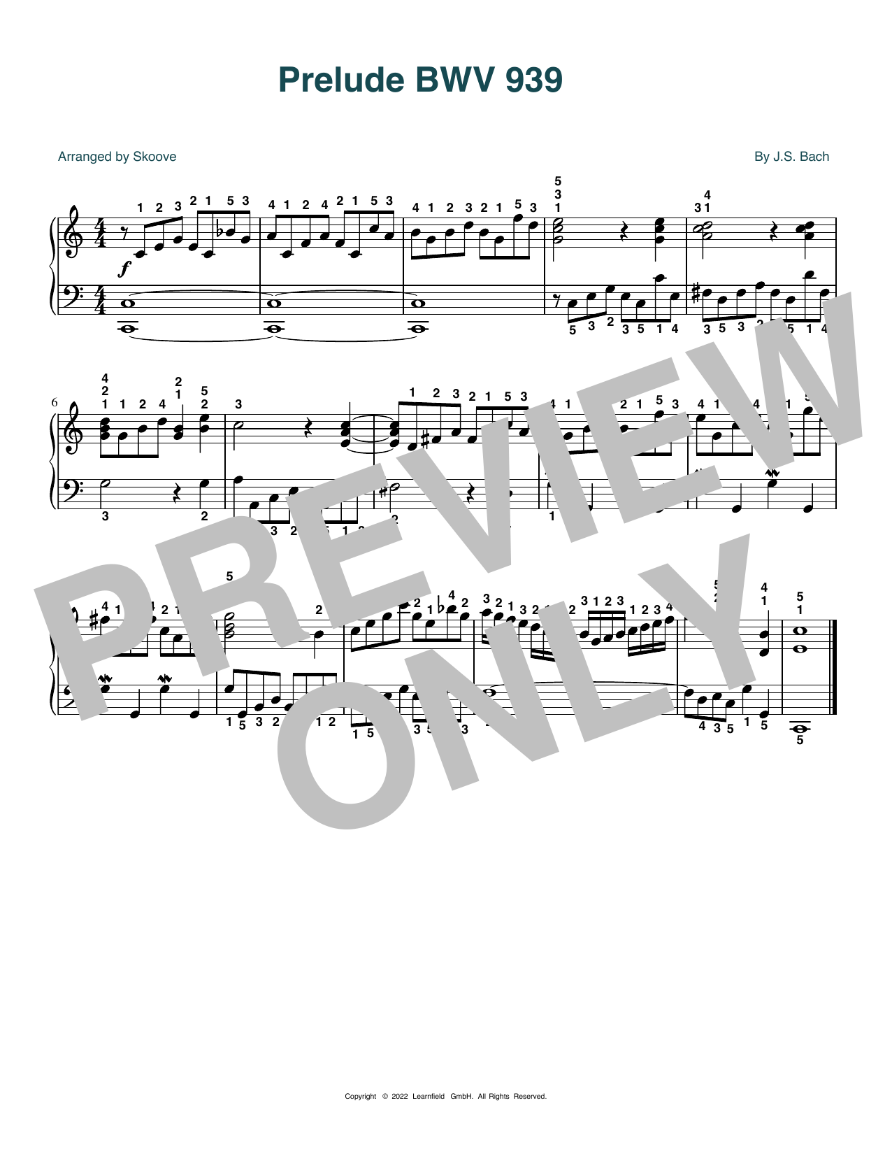 J.S. Bach Prelude BWV 939 (arr. Skoove) Sheet Music Notes & Chords for Piano Solo - Download or Print PDF