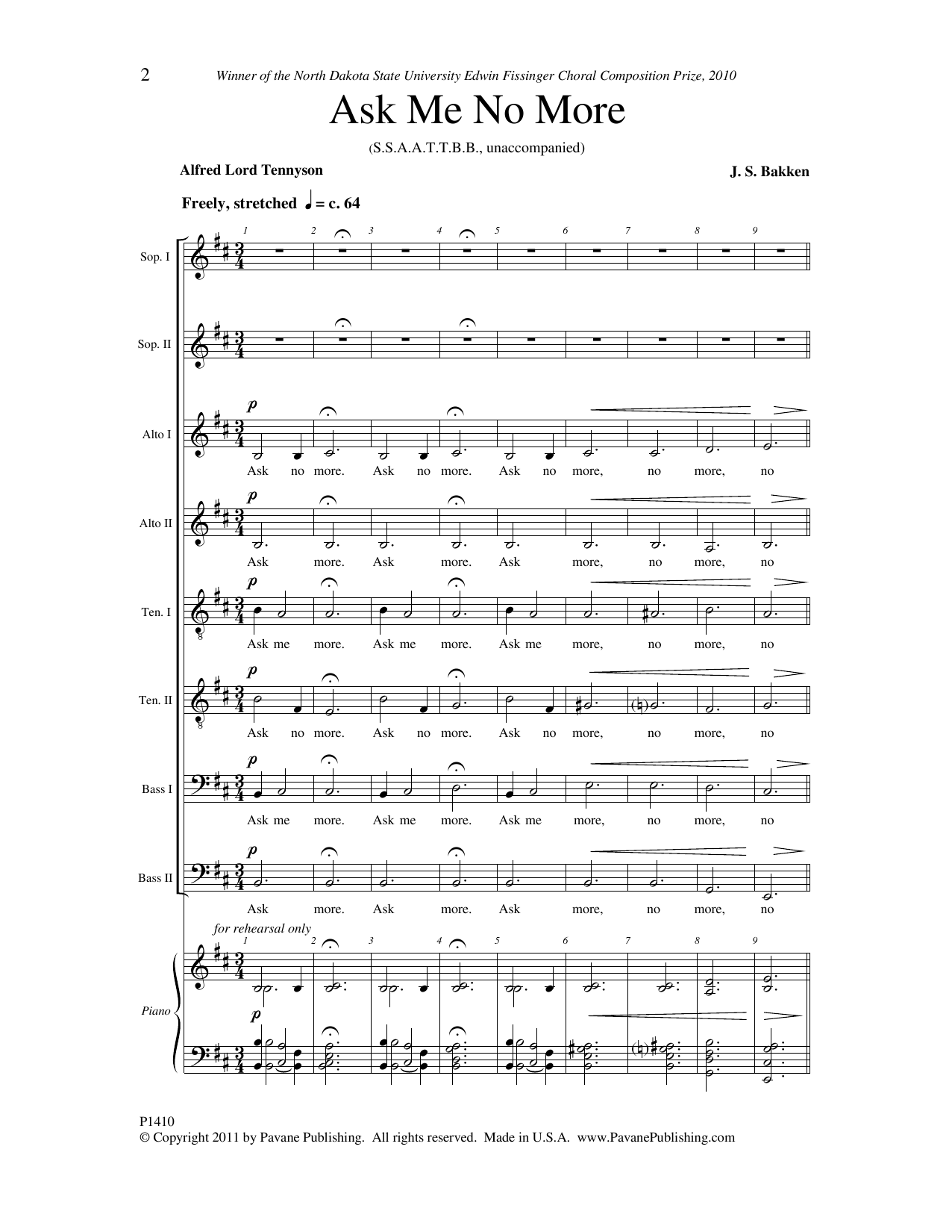 J.S. Bakken Ask Me No More Sheet Music Notes & Chords for Choral - Download or Print PDF
