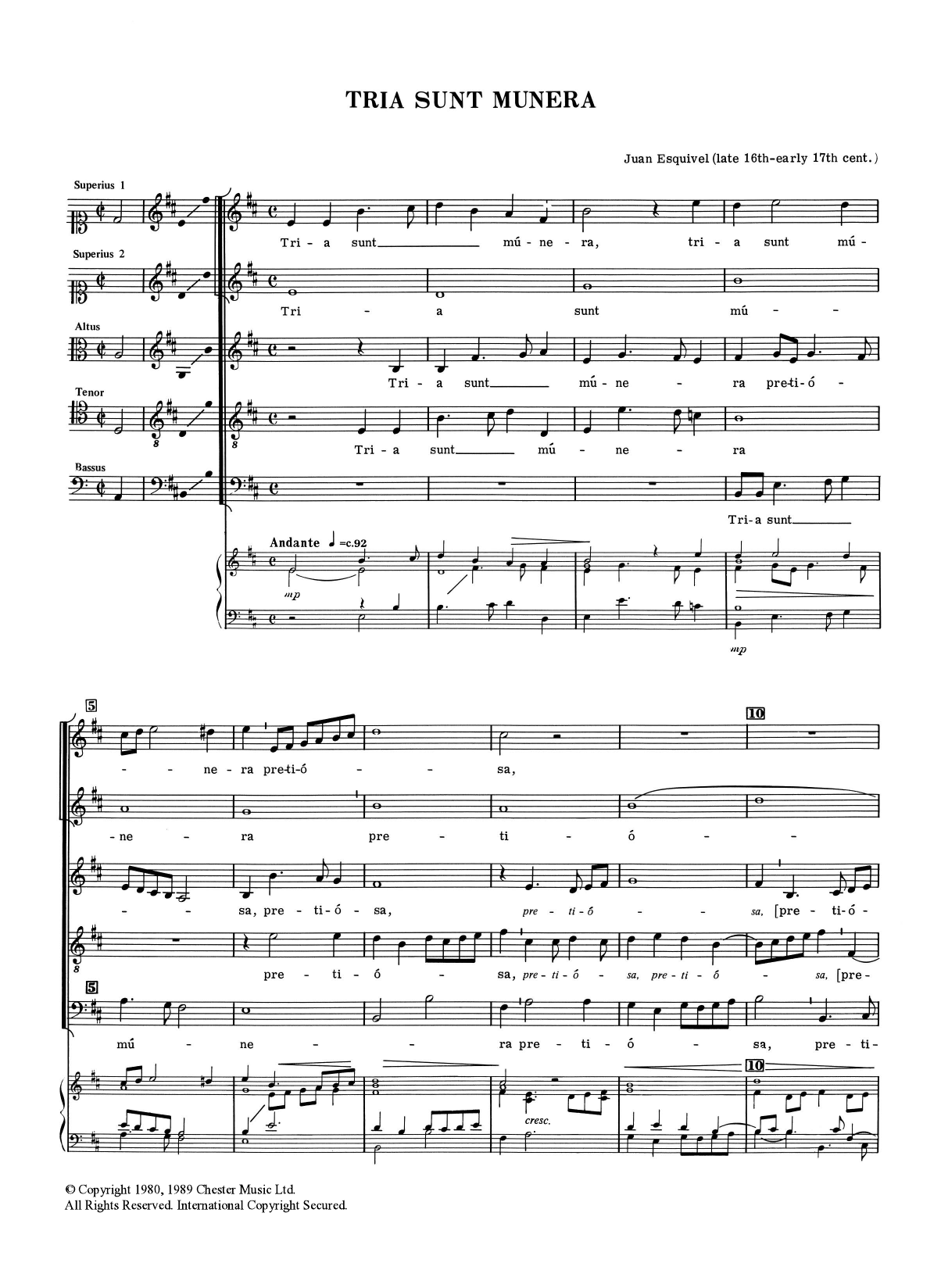 Juan Esquivel Tria Sunt Munera Sheet Music Notes & Chords for Choral SAATB - Download or Print PDF