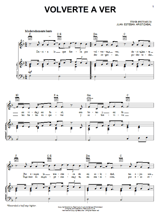 Juan Esteban Aristizabal Volverte A Ver Sheet Music Notes & Chords for Piano, Vocal & Guitar (Right-Hand Melody) - Download or Print PDF