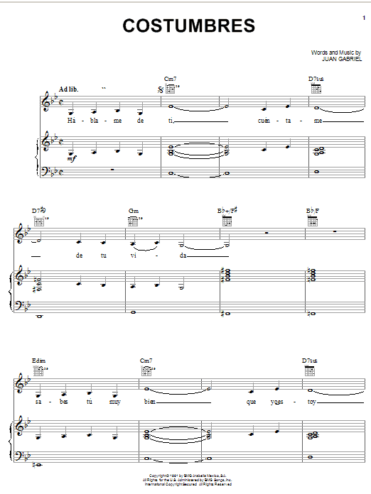 Juan Gabriel Costumbres Sheet Music Notes & Chords for Real Book – Melody & Chords - Download or Print PDF