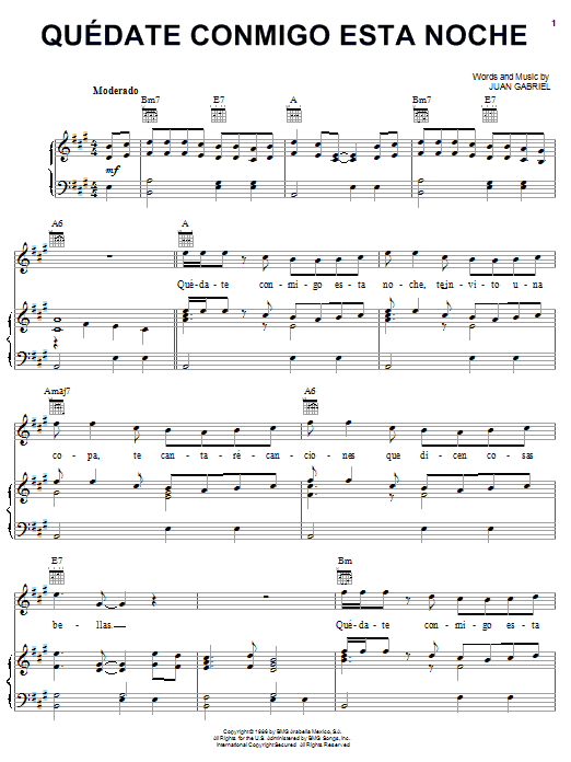 Juan Gabriel Quedate Conmigo Esta Noche Sheet Music Notes & Chords for Piano, Vocal & Guitar (Right-Hand Melody) - Download or Print PDF