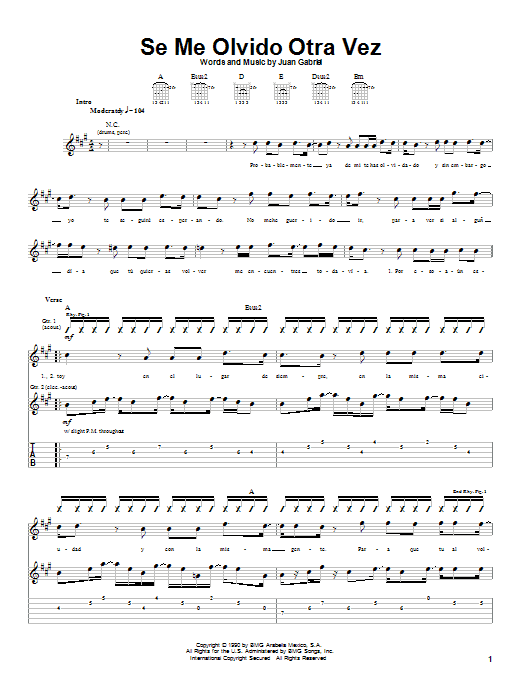 Juan Gabriel Se Me Olvido Otra Vez Sheet Music Notes & Chords for Guitar Tab - Download or Print PDF