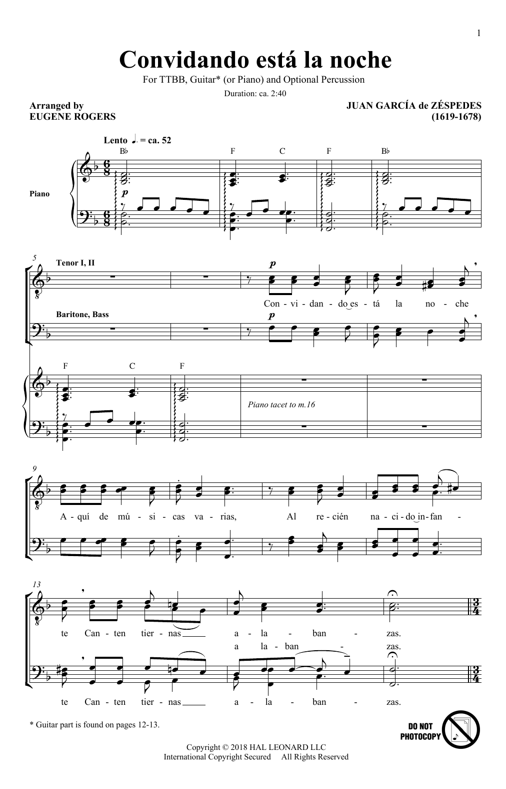 Juan Garcia De Zespedes Convidando Esta La Noche (arr. Eugene Rogers) Sheet Music Notes & Chords for TTBB Choir - Download or Print PDF