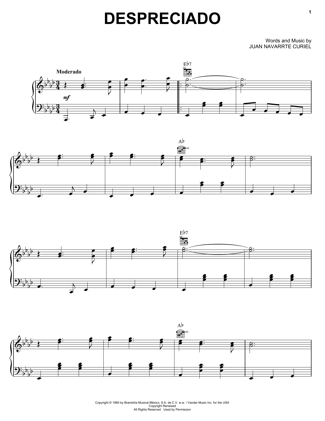 Juan Navarrte Curiel Despreciado Sheet Music Notes & Chords for Piano, Vocal & Guitar (Right-Hand Melody) - Download or Print PDF