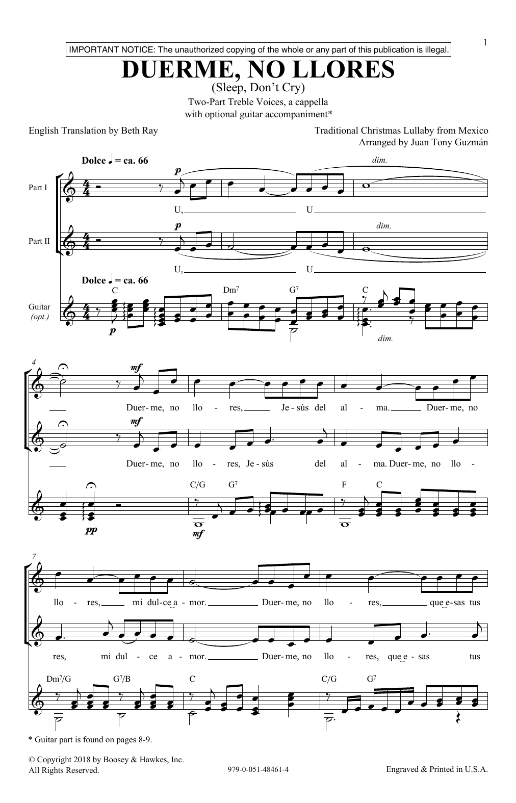 Juan-Tony Guzman Duerme, No Llores (Sleep, Don't Cry) Sheet Music Notes & Chords for 2-Part Choir - Download or Print PDF