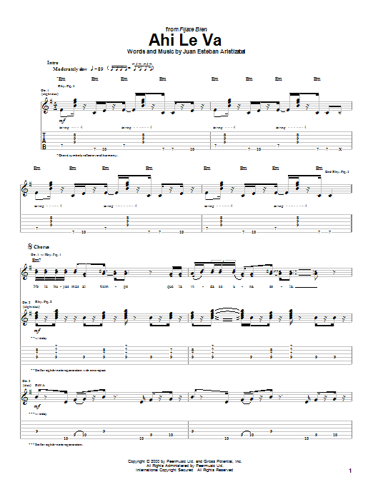 Juanes Ahi Le Va Sheet Music Notes & Chords for Guitar Tab - Download or Print PDF