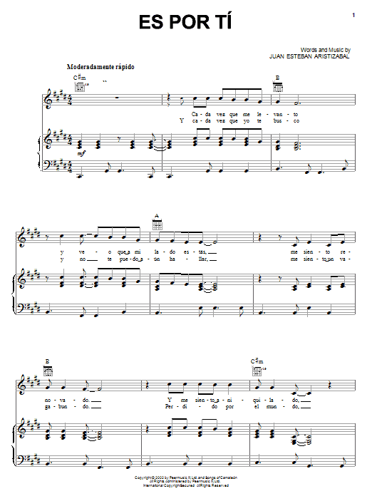 Juanes Es Por Ti Sheet Music Notes & Chords for Piano, Vocal & Guitar (Right-Hand Melody) - Download or Print PDF Juanes Es Por Ti Sheet Music Notes & Chords for Piano, Vocal & Guitar (Right-Hand Melody) - Download or Print PDF