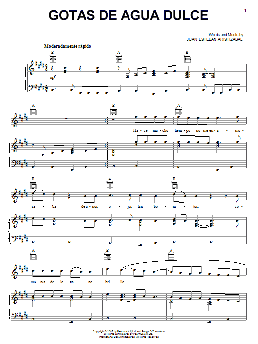 Juanes Gotas De Agua Dulce Sheet Music Notes & Chords for Piano, Vocal & Guitar (Right-Hand Melody) - Download or Print PDF Juanes Gotas De Agua Dulce Sheet Music Notes & Chords for Piano, Vocal & Guitar (Right-Hand Melody) - Download or Print PDF