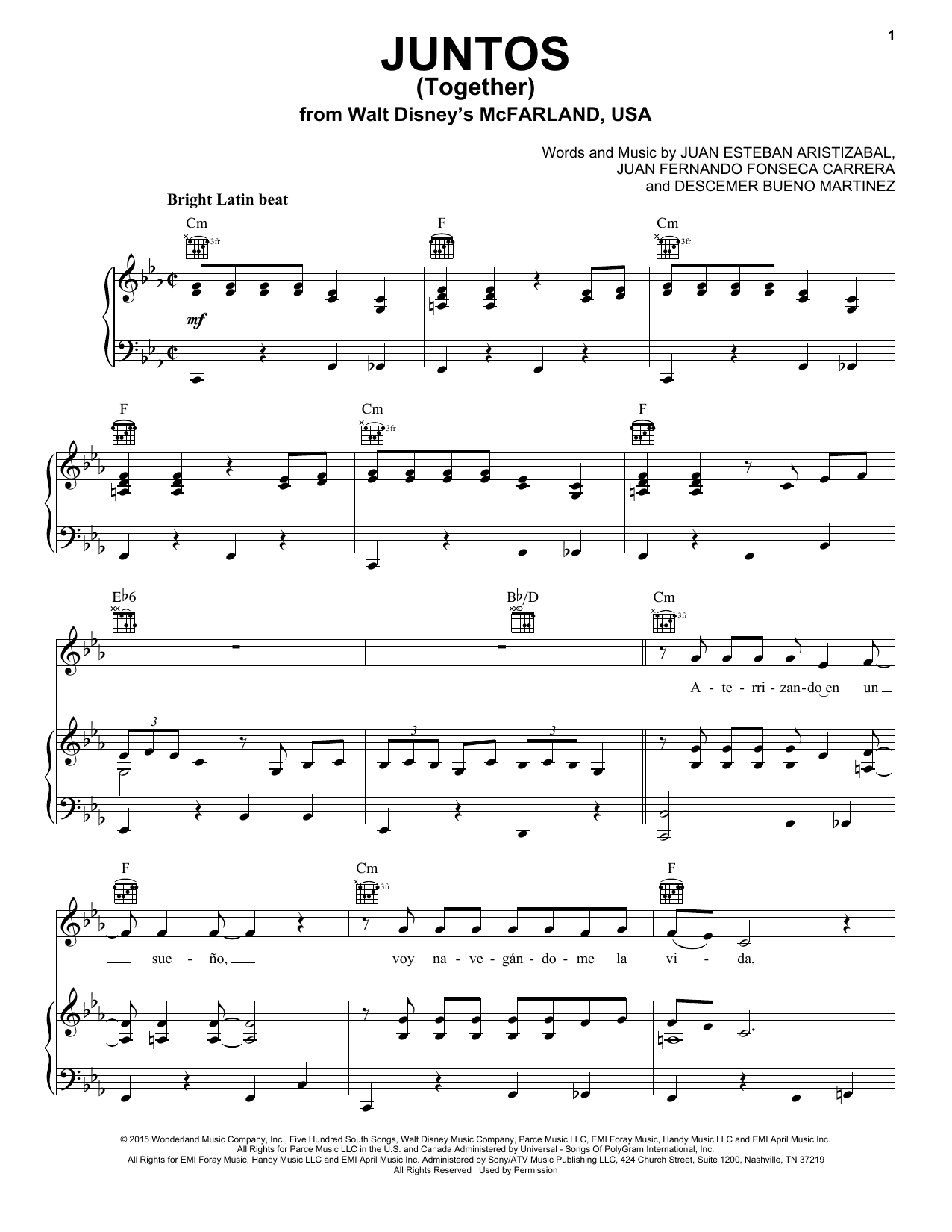 Juanes Juntos (Together) Sheet Music Notes & Chords for Piano, Vocal & Guitar (Right-Hand Melody) - Download or Print PDF