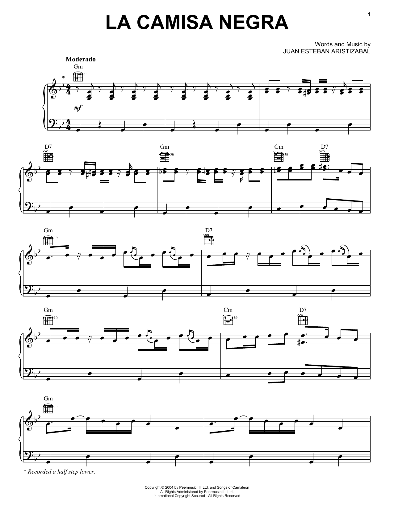Juanes La Camisa Negra Sheet Music Notes & Chords for Piano, Vocal & Guitar (Right-Hand Melody) - Download or Print PDF