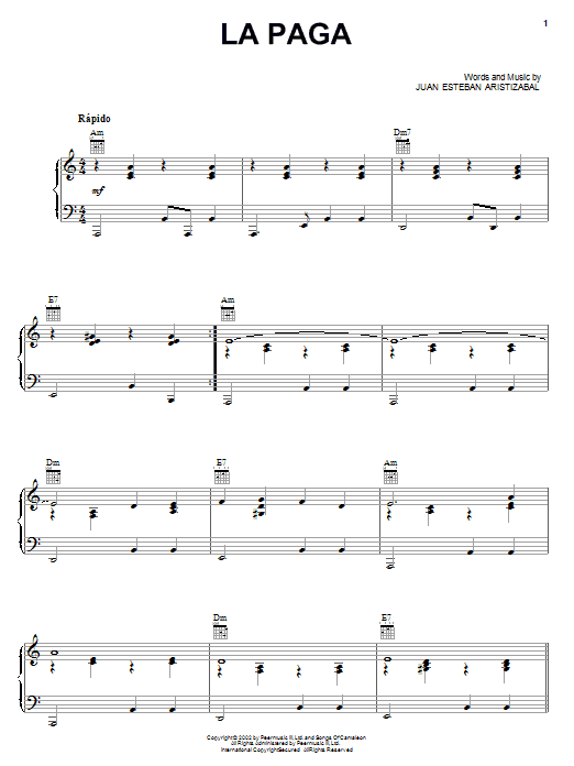 Juanes La Paga Sheet Music Notes & Chords for Piano, Vocal & Guitar (Right-Hand Melody) - Download or Print PDF Juanes La Paga Sheet Music Notes & Chords for Piano, Vocal & Guitar (Right-Hand Melody) - Download or Print PDF