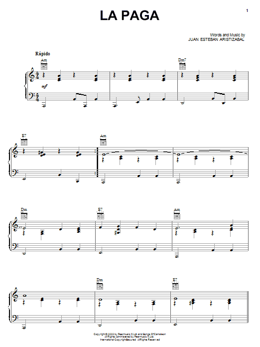 Juanes La Paga Sheet Music Notes & Chords for Piano, Vocal & Guitar (Right-Hand Melody) - Download or Print PDF