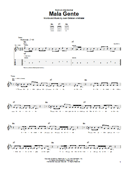 Juanes Mala Gente Sheet Music Notes & Chords for Guitar Tab - Download or Print PDF