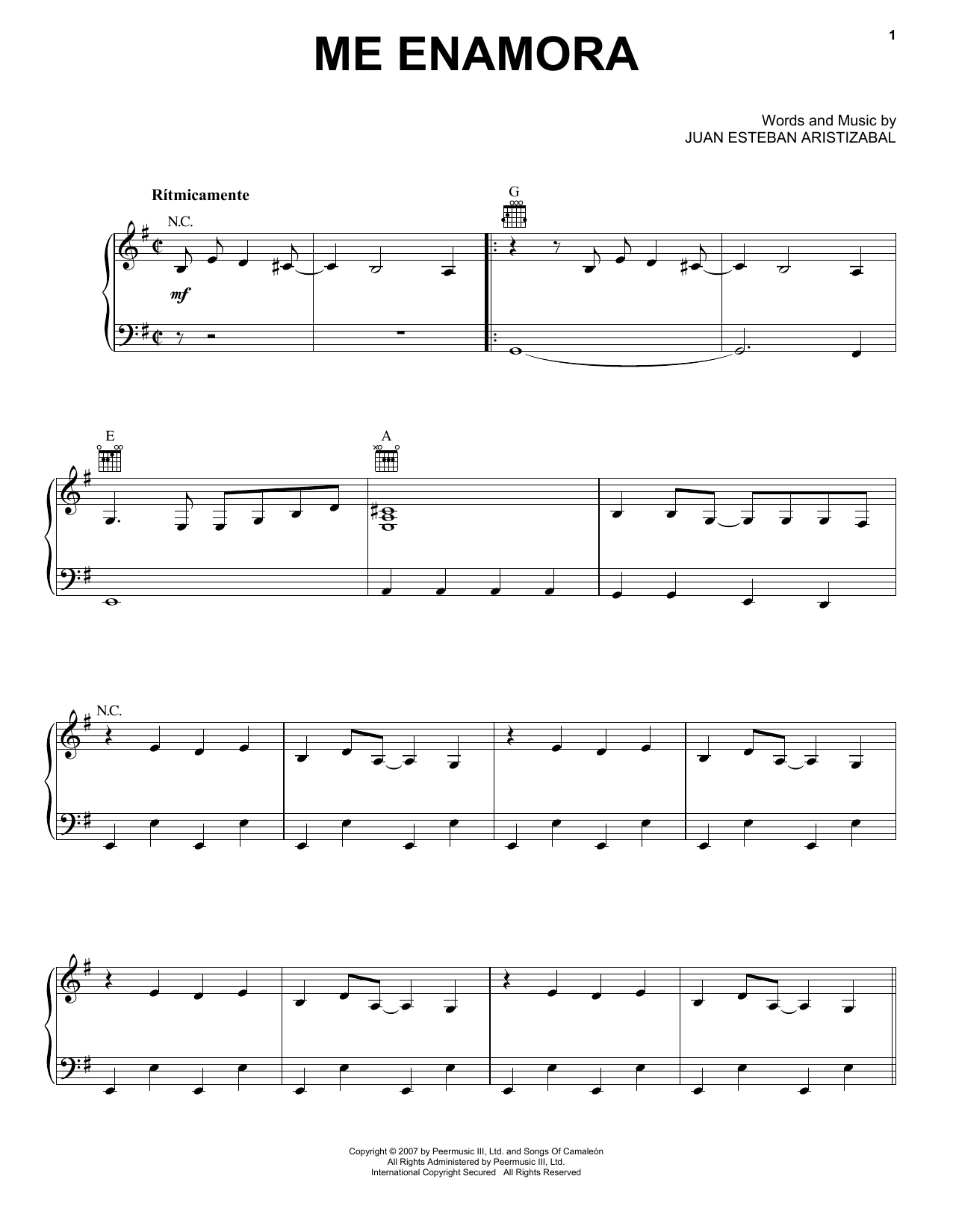 Juanes Me Enamora Sheet Music Notes & Chords for Piano, Vocal & Guitar (Right-Hand Melody) - Download or Print PDF