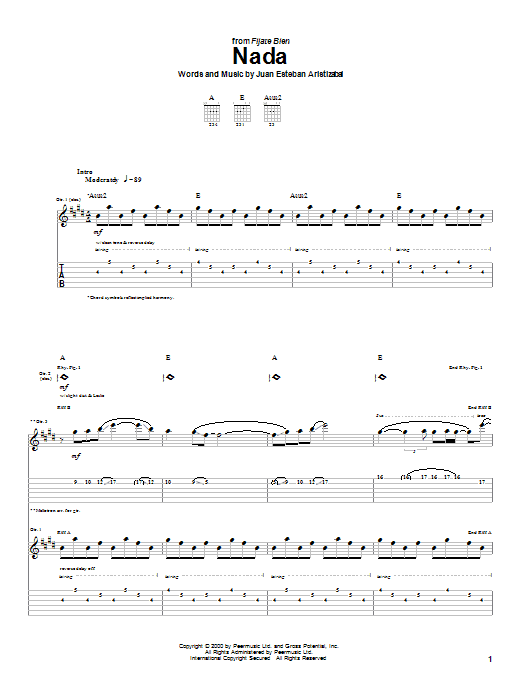 Juanes Nada Sheet Music Notes & Chords for Guitar Tab - Download or Print PDF