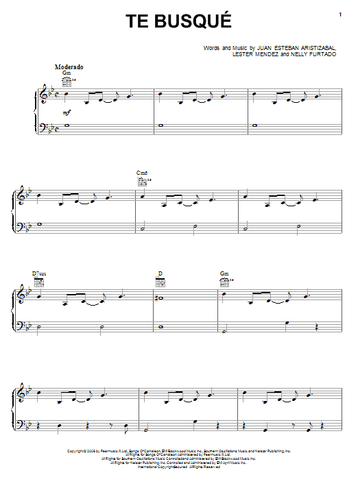 Juanes Te Busque Sheet Music Notes & Chords for Piano, Vocal & Guitar (Right-Hand Melody) - Download or Print PDF