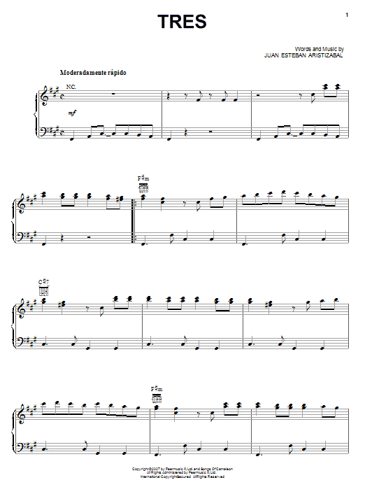 Juanes Tres Sheet Music Notes & Chords for Piano, Vocal & Guitar (Right-Hand Melody) - Download or Print PDF Juanes Tres Sheet Music Notes & Chords for Piano, Vocal & Guitar (Right-Hand Melody) - Download or Print PDF