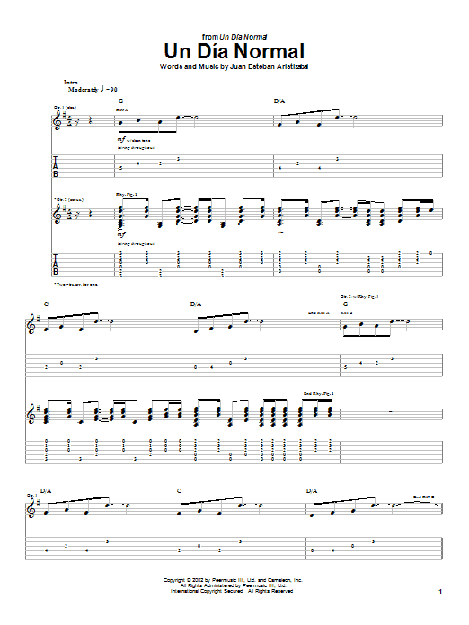 Juanes Un Dia Normal Sheet Music Notes & Chords for Guitar Tab - Download or Print PDF