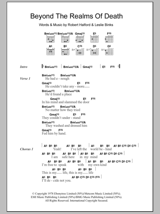 Judas Priest Beyond The Realms Of Death Sheet Music Notes & Chords for Lyrics & Chords - Download or Print PDF