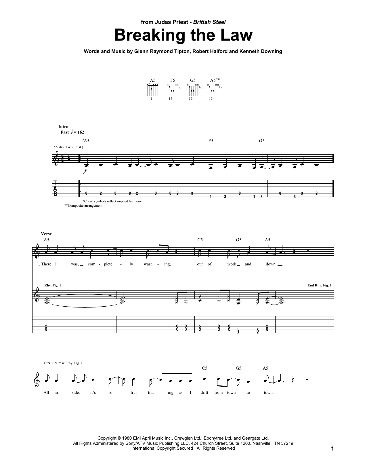 Judas Priest Breaking The Law Sheet Music Notes & Chords for Piano, Vocal & Guitar (Right-Hand Melody) - Download or Print PDF