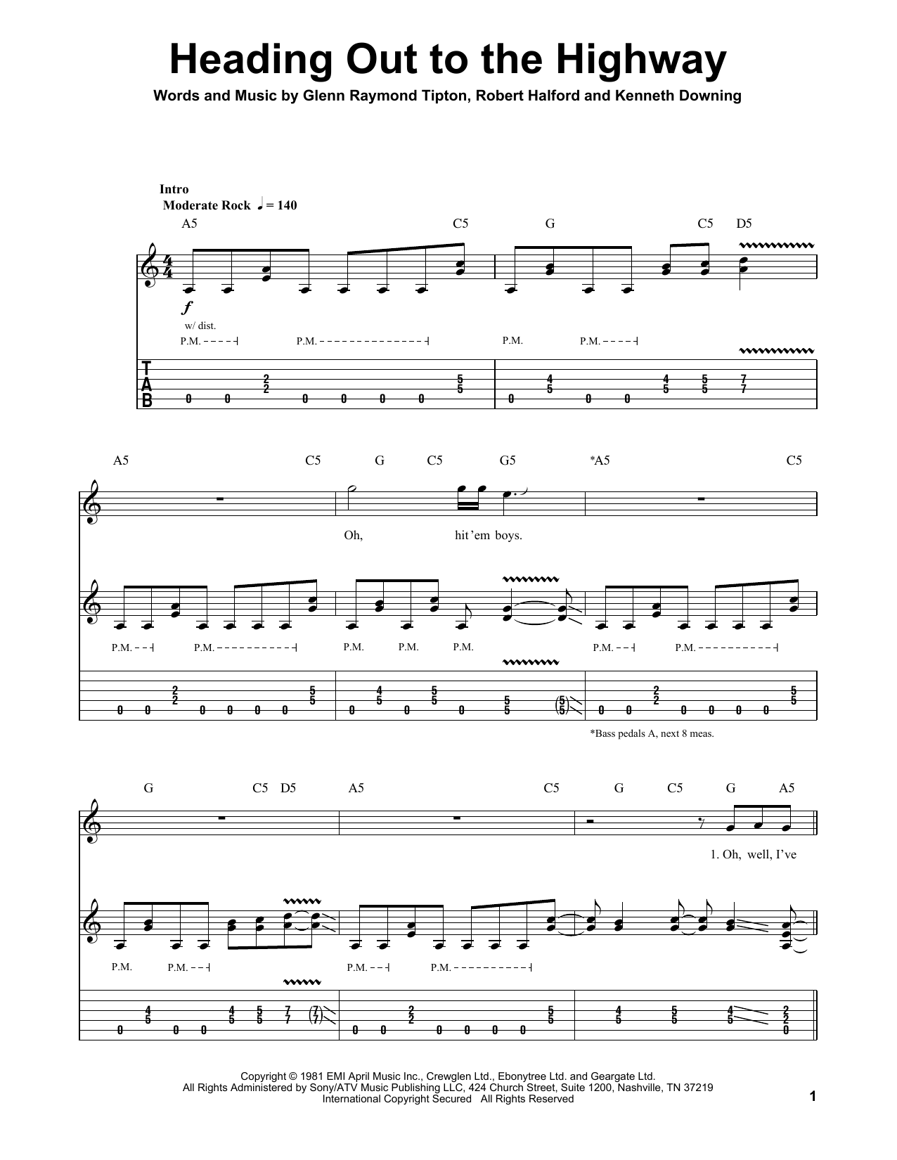 Judas Priest Heading Out To The Highway Sheet Music Notes & Chords for Guitar Tab Play-Along - Download or Print PDF