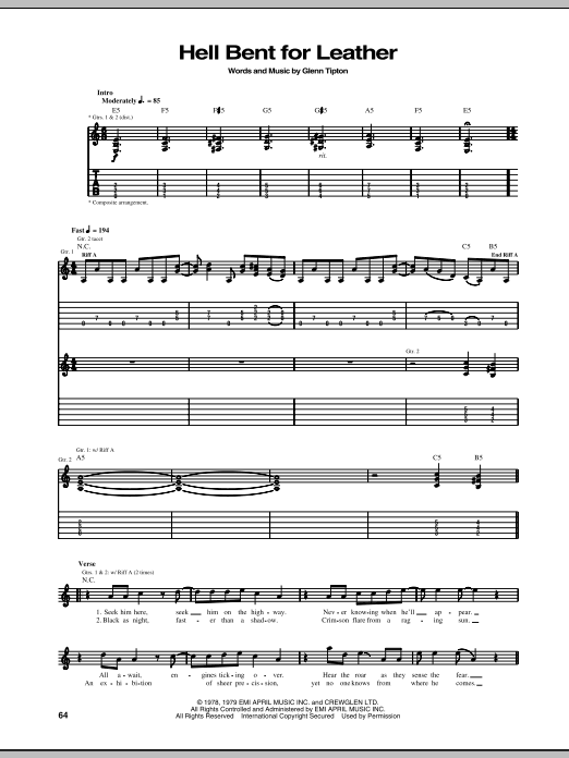 Judas Priest Hell Bent For Leather Sheet Music Notes & Chords for Guitar Tab - Download or Print PDF