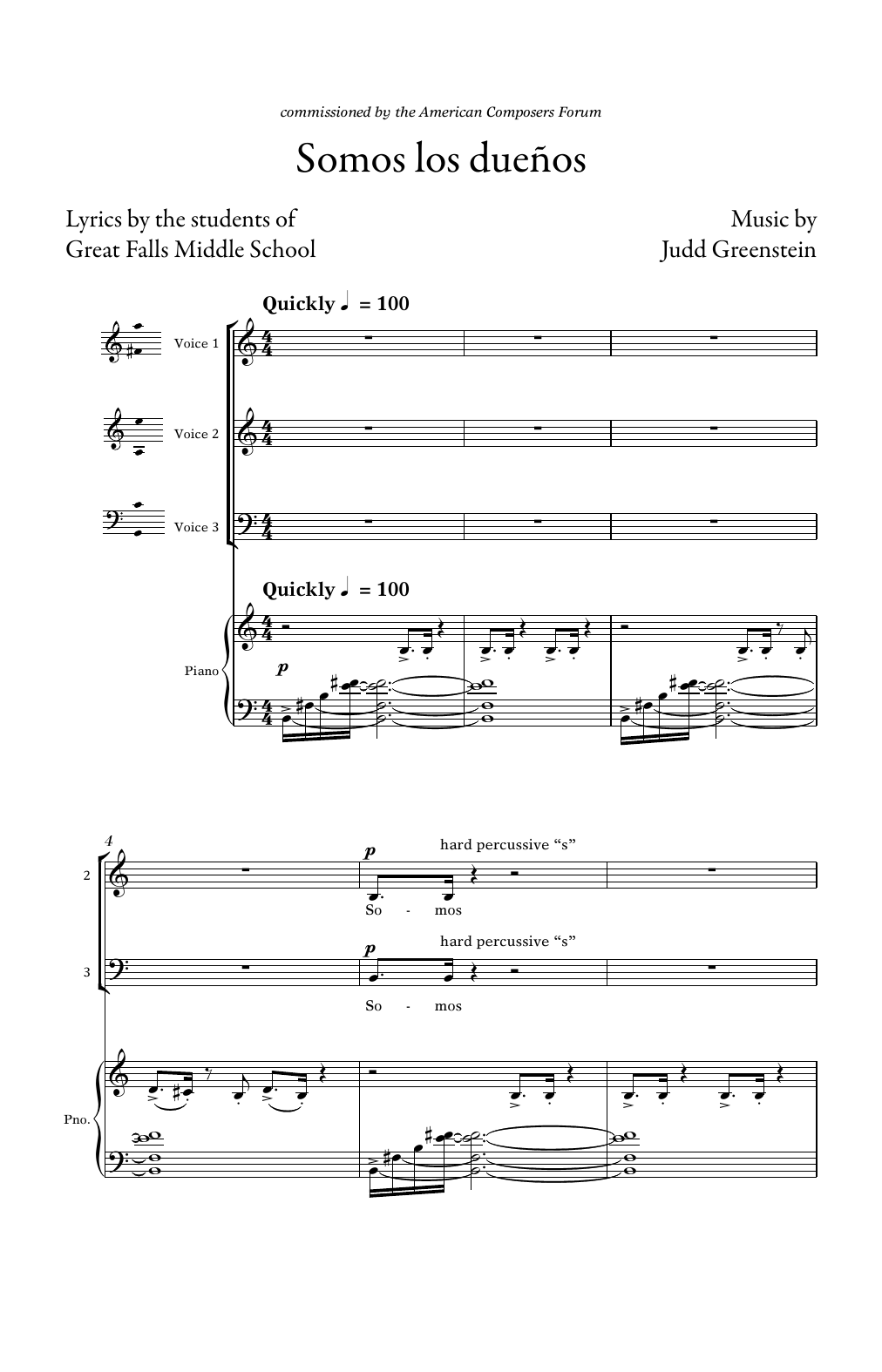 Judd Greenstein Somos Los Duenos 3-pt Mixed And Piano Sheet Music Notes & Chords for 3-Part Mixed Choir - Download or Print PDF