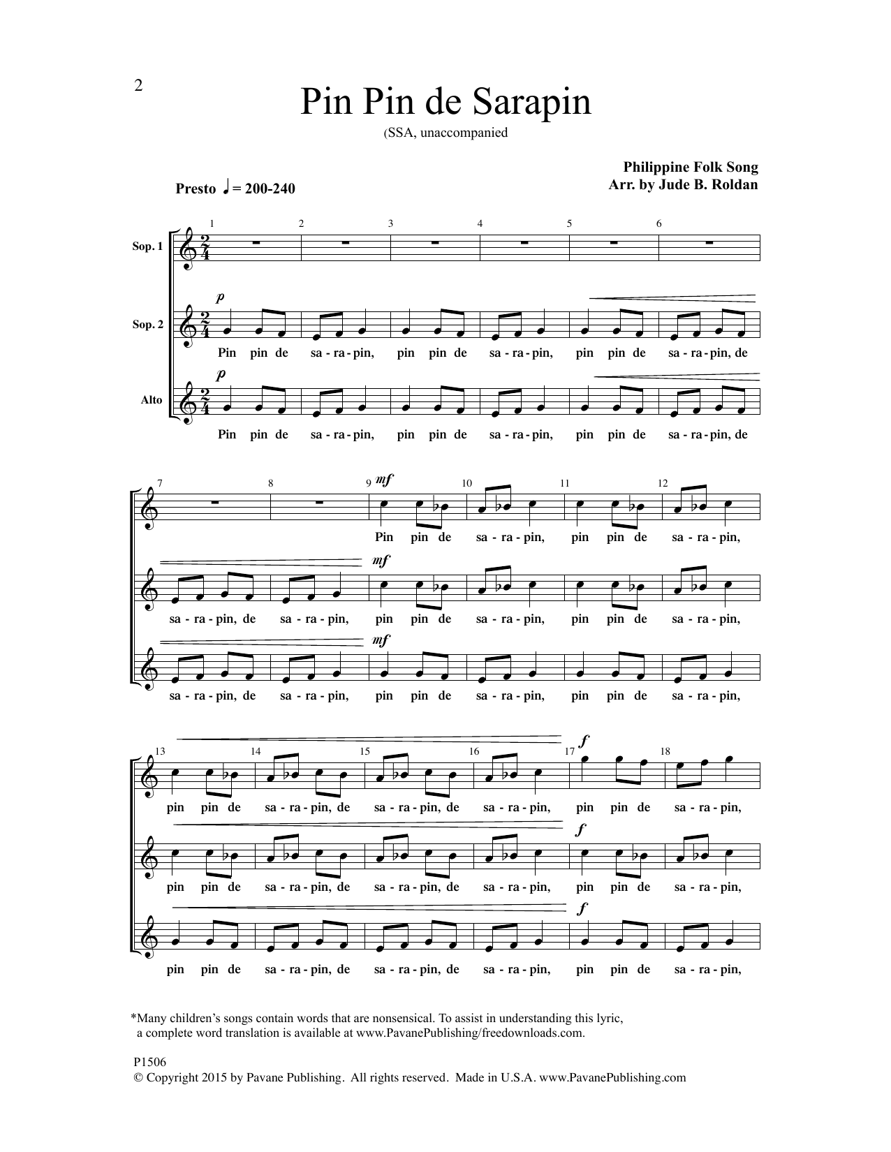 Jude B. Roldan Pin Pin de Sarapin Sheet Music Notes & Chords for Choral - Download or Print PDF