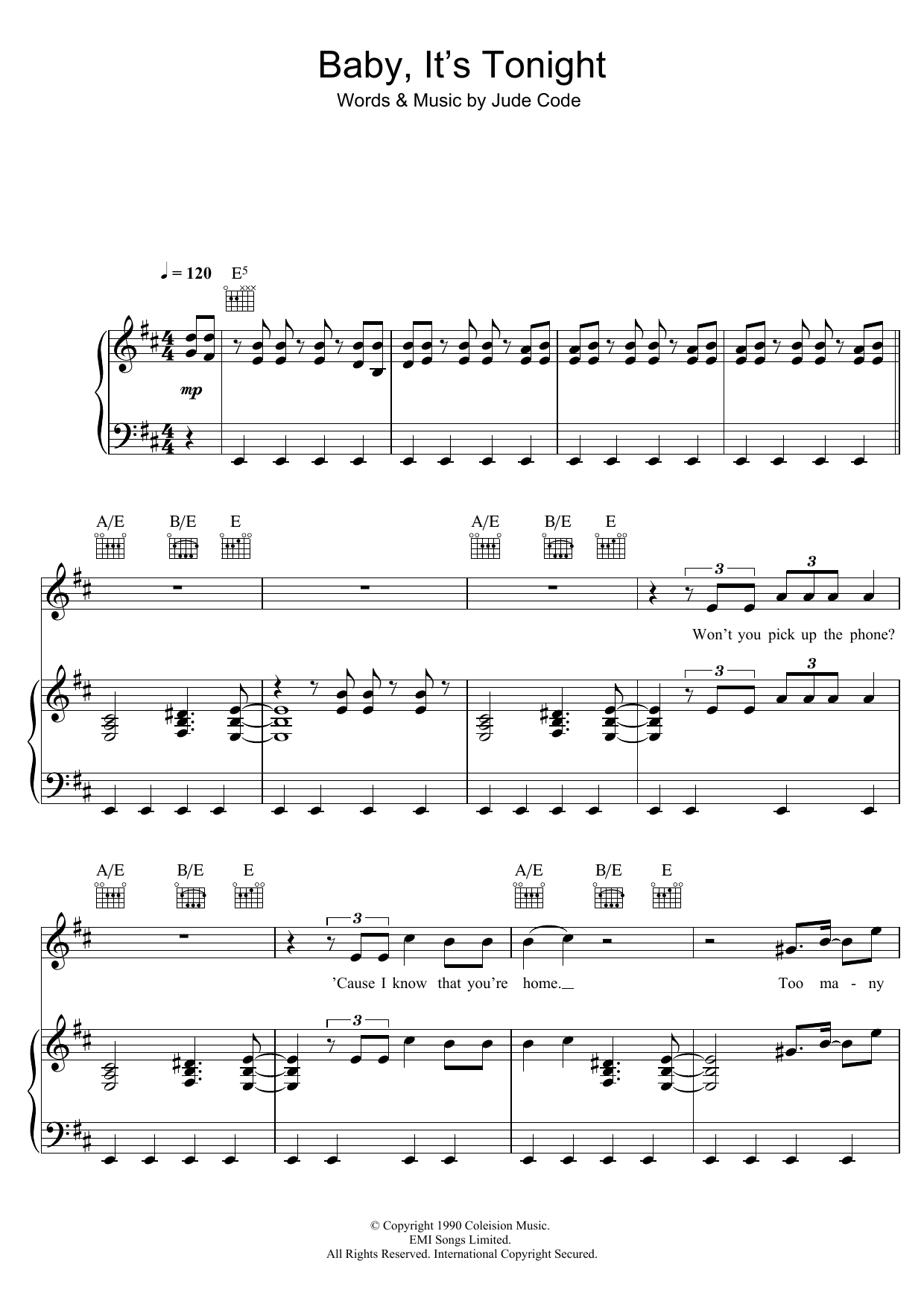 Jude Cole Baby, It's Tonight Sheet Music Notes & Chords for Piano, Vocal & Guitar (Right-Hand Melody) - Download or Print PDF