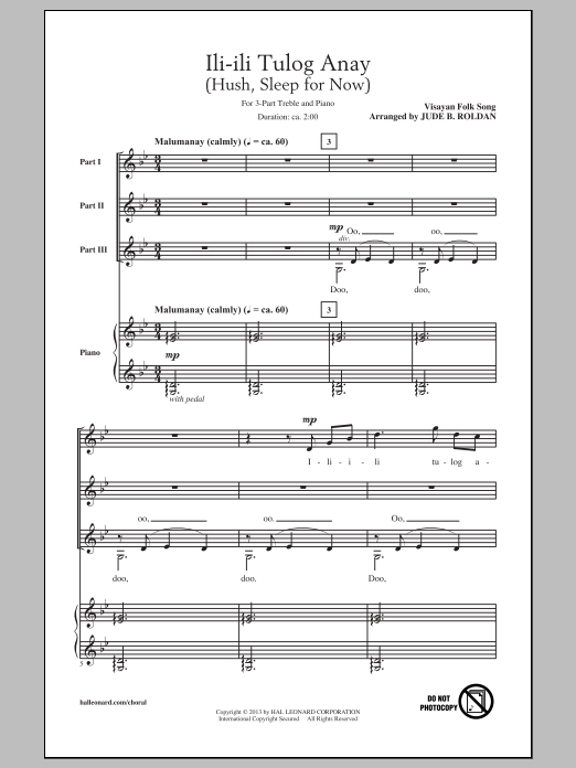 Jude Roldan Ili-Ili Tulog Anay Sheet Music Notes & Chords for 3-Part Treble - Download or Print PDF