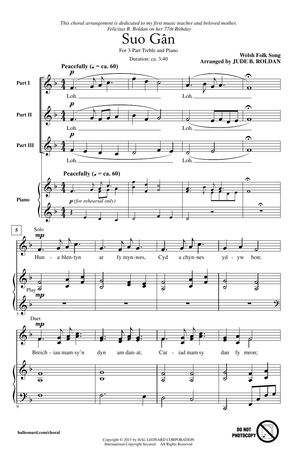 Jude Roldan Suo Gan Sheet Music Notes & Chords for 3-Part Treble - Download or Print PDF
