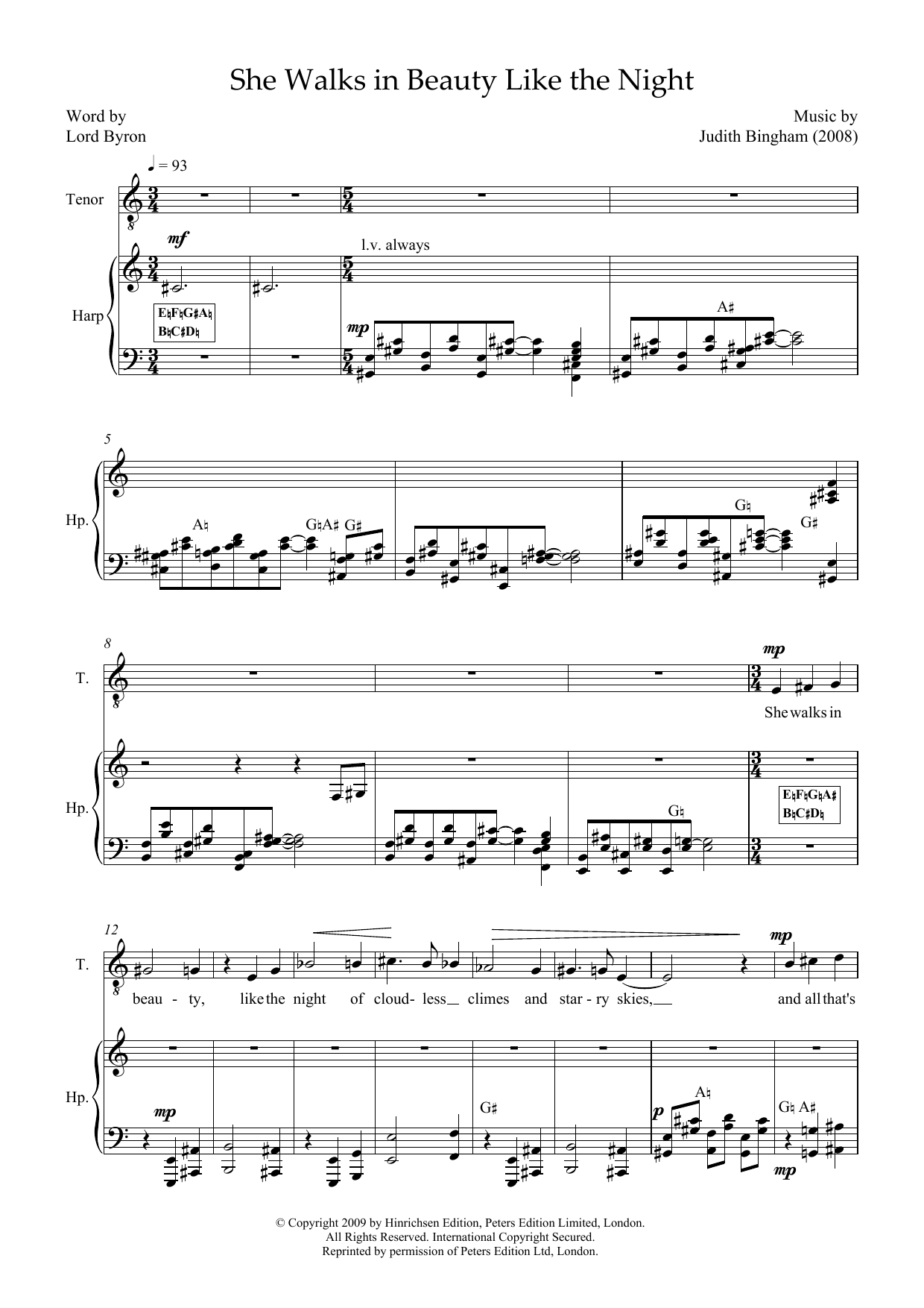 Judith Bingham She walks in beauty like the night (for tenor and harp) Sheet Music Notes & Chords for Piano & Vocal - Download or Print PDF