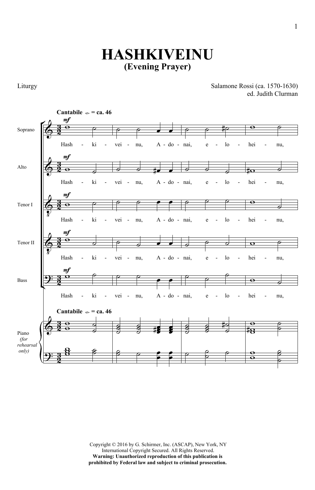Salamone Rossi Hashkiveinu Sheet Music Notes & Chords for SATB - Download or Print PDF