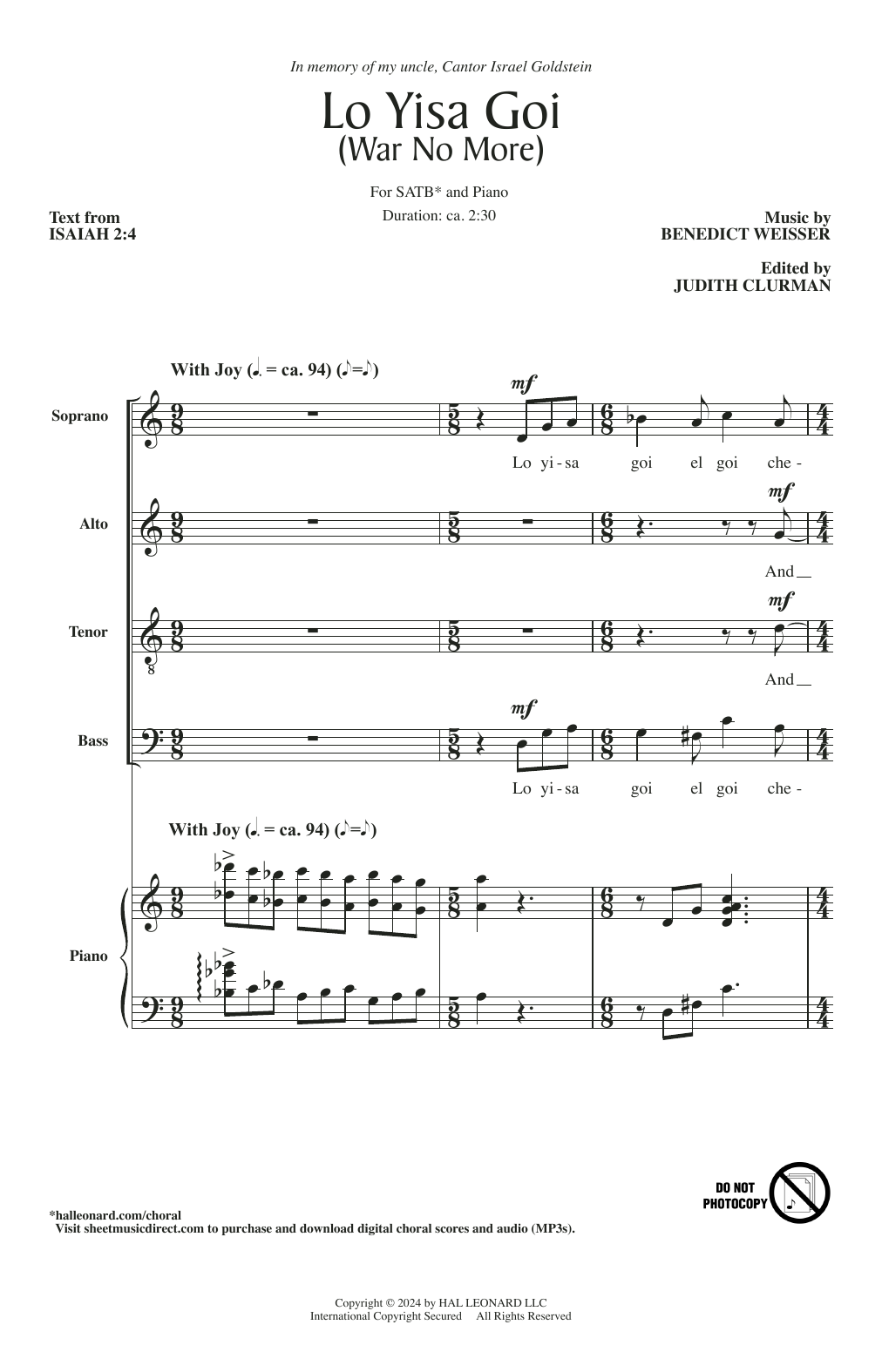 Judith Clurman Lo Yisa Goi Sheet Music Notes & Chords for SATB Choir - Download or Print PDF