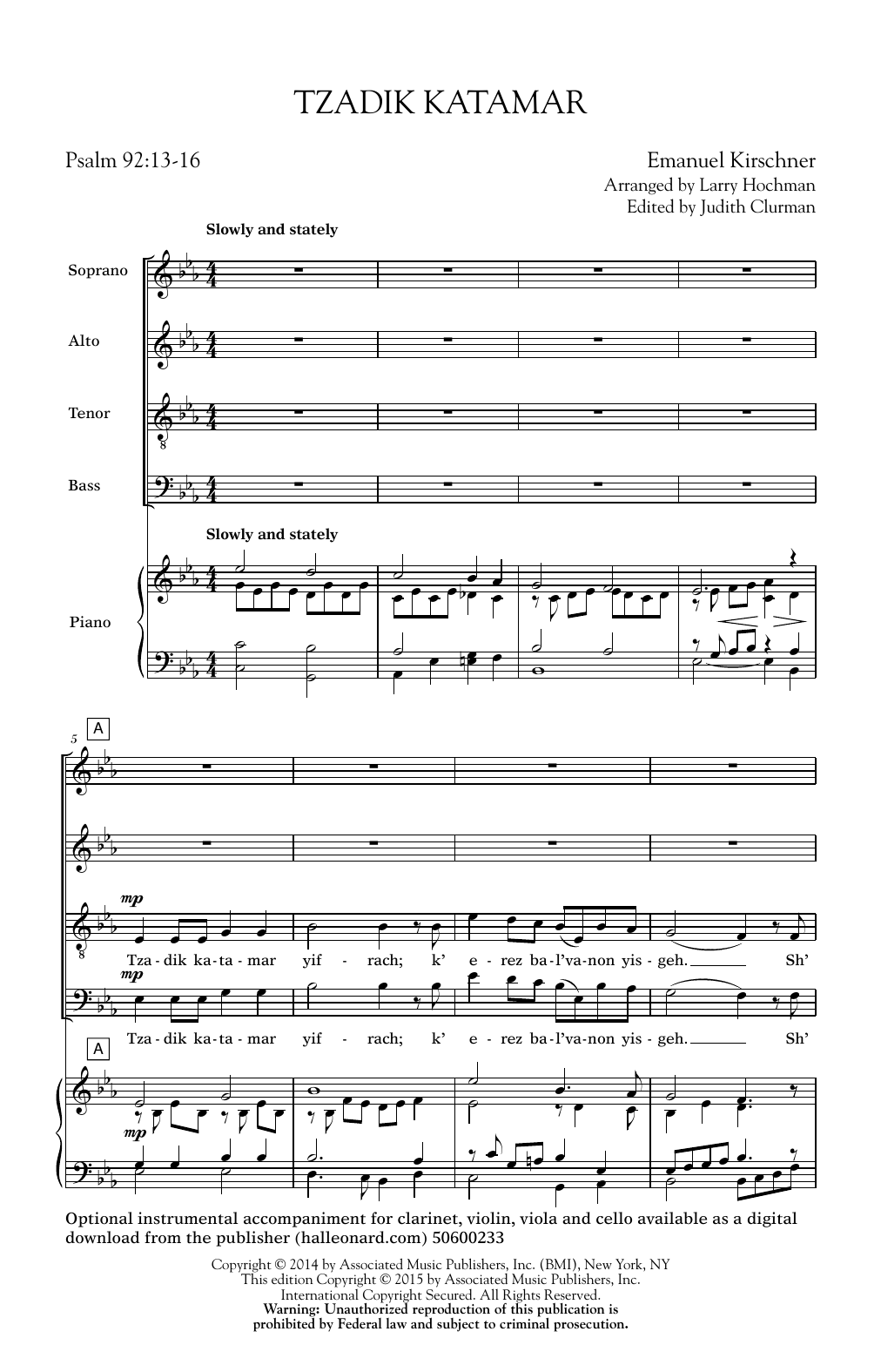 Emanuel Kirschner Tzadik Katamar Yifrach (Arr. Larry Hochman) Sheet Music Notes & Chords for SATB - Download or Print PDF