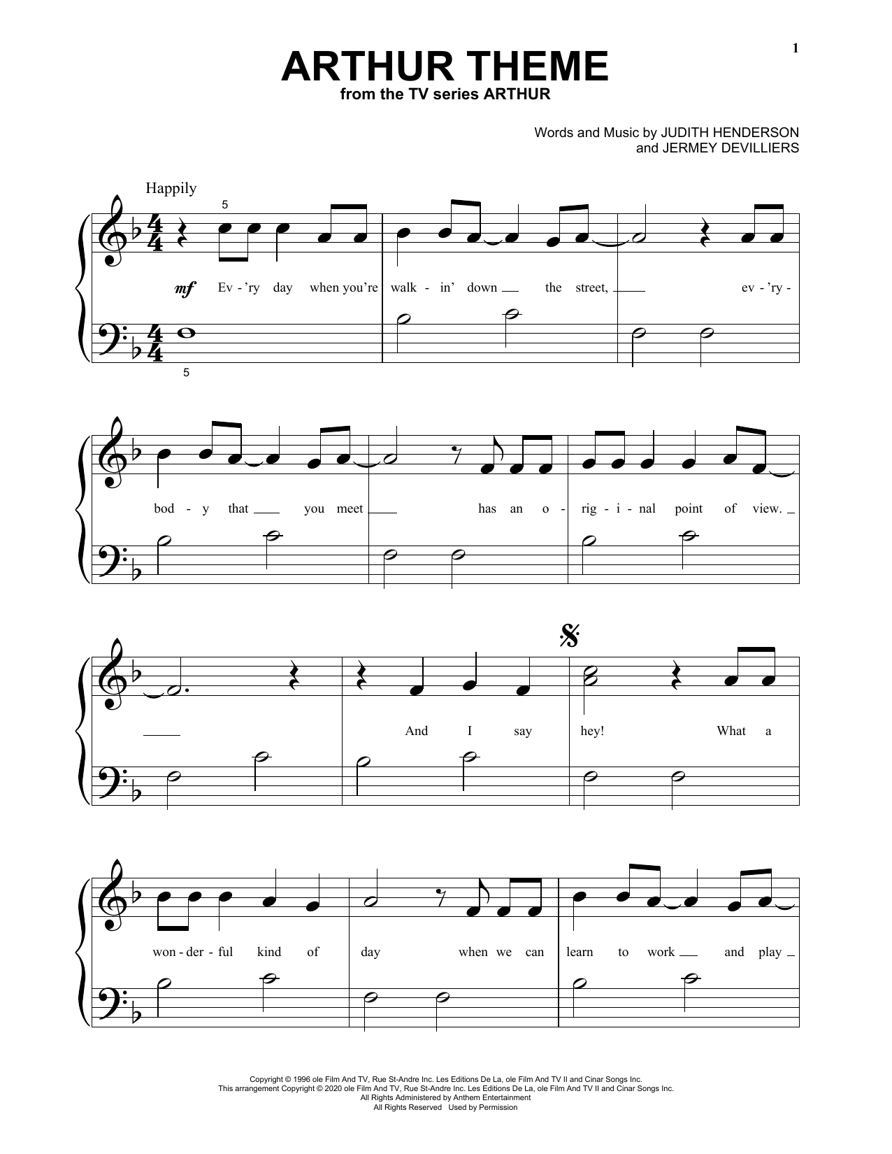 Judith Henderson & Jermey Devilliers Arthur Theme Sheet Music Notes & Chords for Big Note Piano - Download or Print PDF