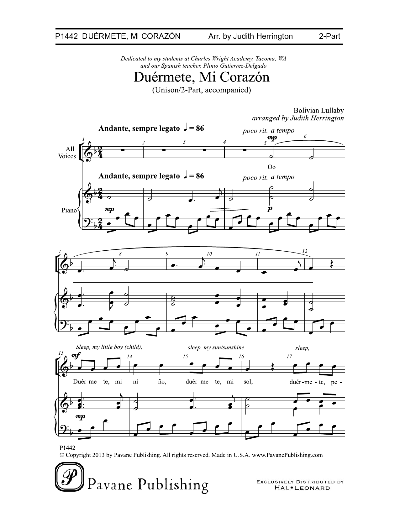Judith Herrington Duermete, Mi Corazon Sheet Music Notes & Chords for Choral - Download or Print PDF